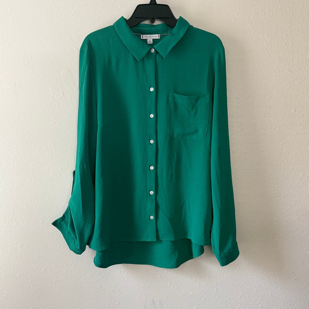 Tommy Hilfiger Green Roll Tab Sleeve Button Down Shirt XL Emerald Blouse